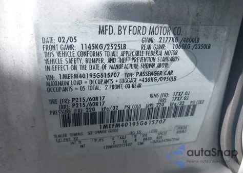 2005 Mercury Montego Luxury из США, поврежденный, VIN 1MEFM40195G615707